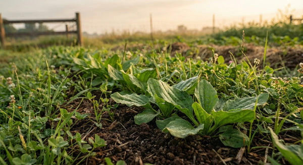 Rows of vibrant Plantago major medicinal herbs growing in mulched, zero-tillage soil at Sacred Plant Co’s regenerative farm in Colorado.