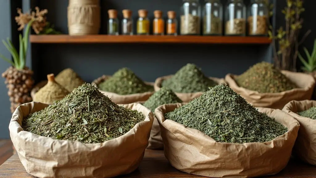 Professional herbalist apothecary showing bulk medicinal herbs in traditional paper bags with glass bottles of tinctures and oils on wooden shelving