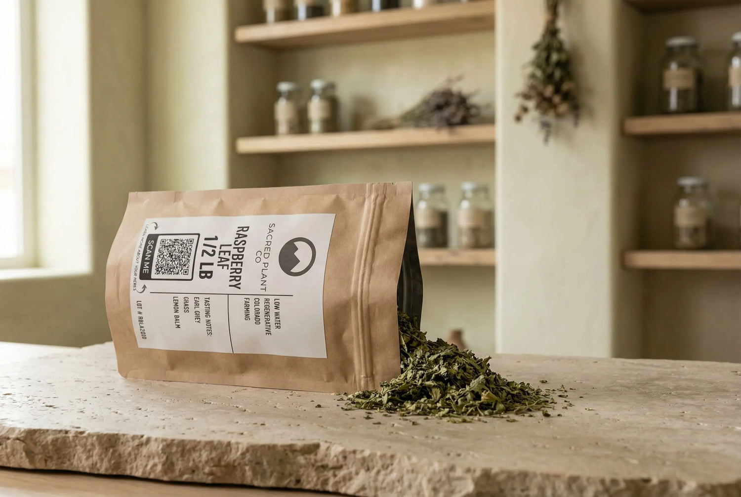 Sacrd plant co Raspberry leaf spilling from bag in premium apothecary. 