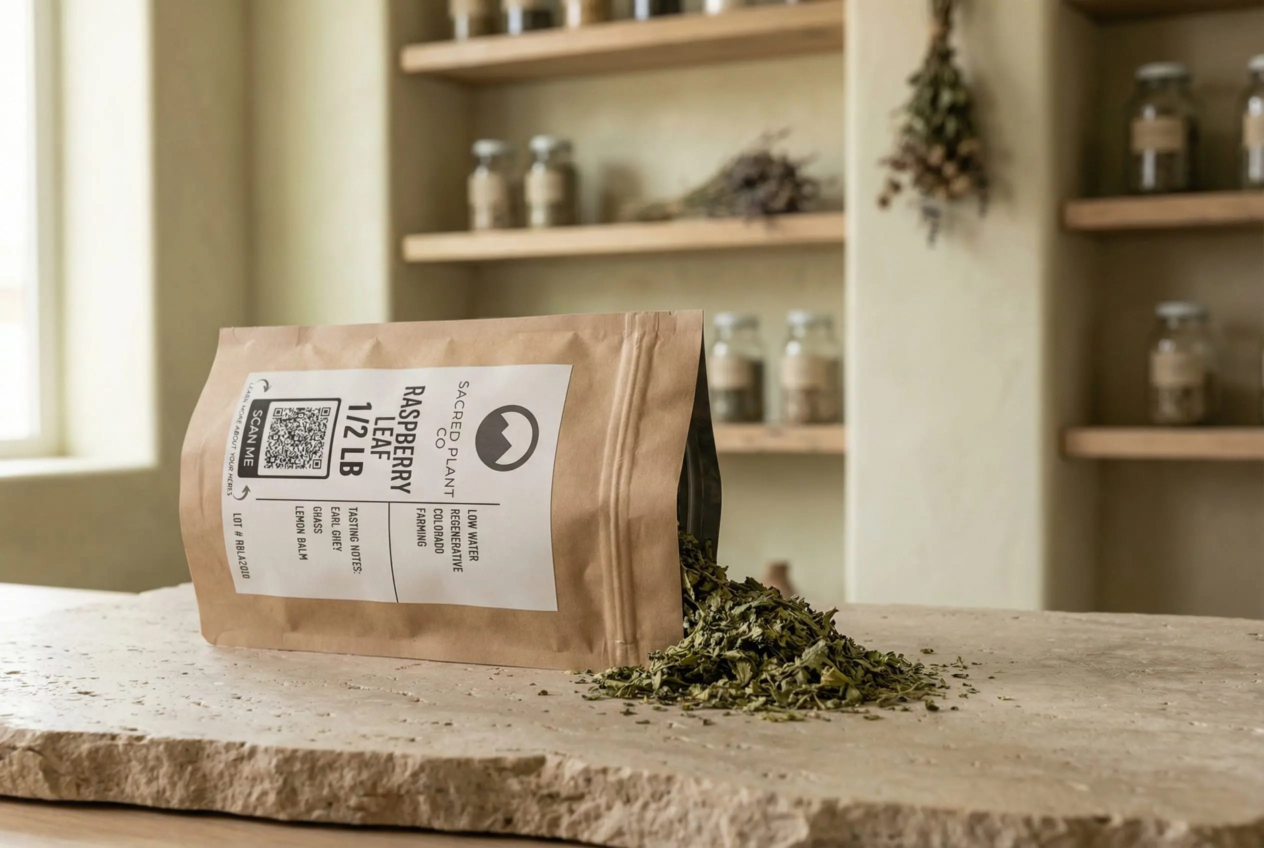 Sacrd plant co Raspberry leaf spilling from bag in premium apothecary. 