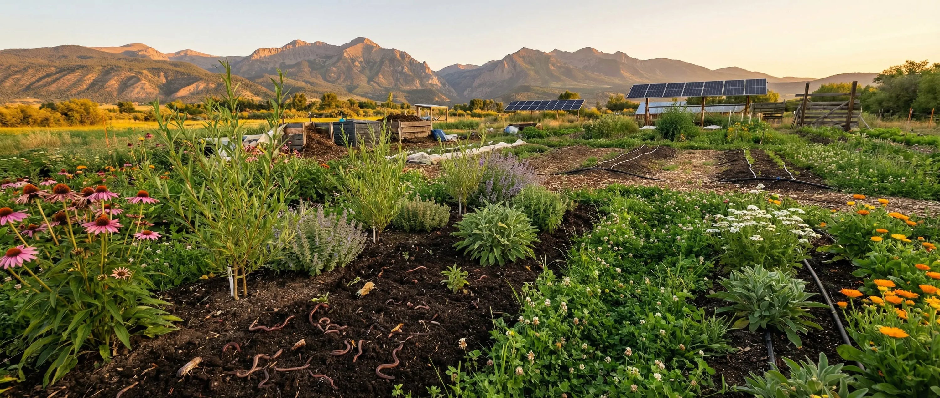 Regenerative medicinal herb farm in Colorado mountains showing polyculture planting, rich soil biodiversity, and sustainable farming practices that preserve heritage botanical genetics