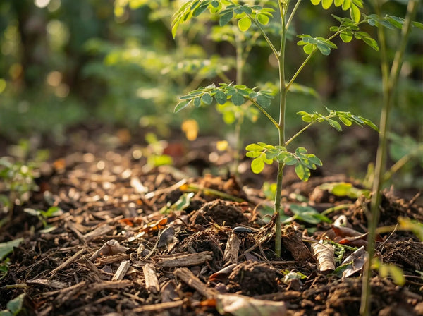 Young Moringa oleifera seedling thriving in regenerative living soil with protective organic mulch.