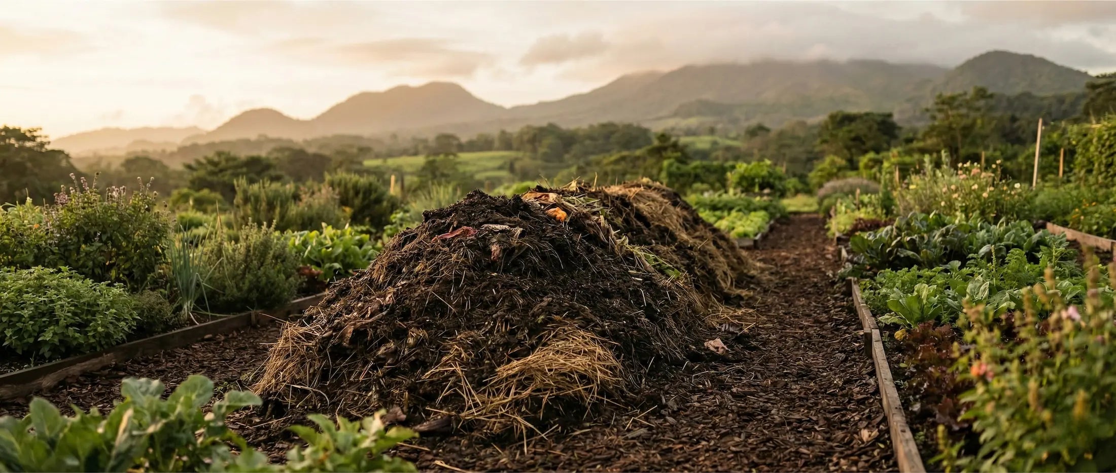Panoramic view of a regenerative farm in Volcan, Panama, featuring a large, nutrient-rich compost pile in the foreground and lush vegetable rows against misty highland mountains at golden hour.