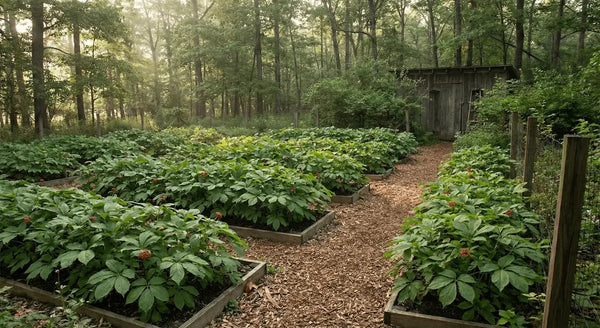 Sacred Plant Co American ginseng wild-simulated forest habitat, for potent medicinal root development.