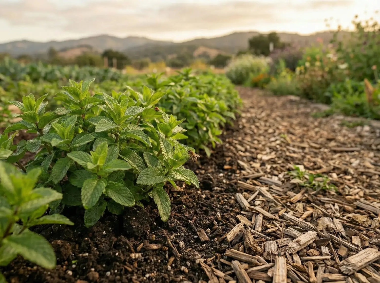 A row of robust mint herbs, ideal for natural health products, is shown with a pollinating bee, highlighting the healthy ecosystem of a sustainable farm field during the golden hour. Rolling mountains are in the distance.
