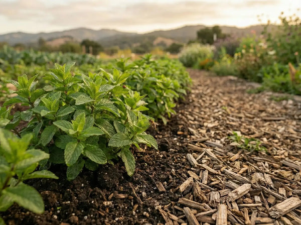 A row of robust mint herbs, ideal for natural health products, is shown with a pollinating bee, highlighting the healthy ecosystem of a sustainable farm field during the golden hour. Rolling mountains are in the distance.