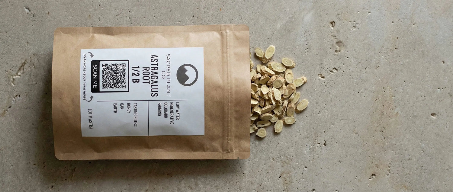 Top-down view of dried Huang Qi slices spilling from a kraft package onto a clay-colored background.