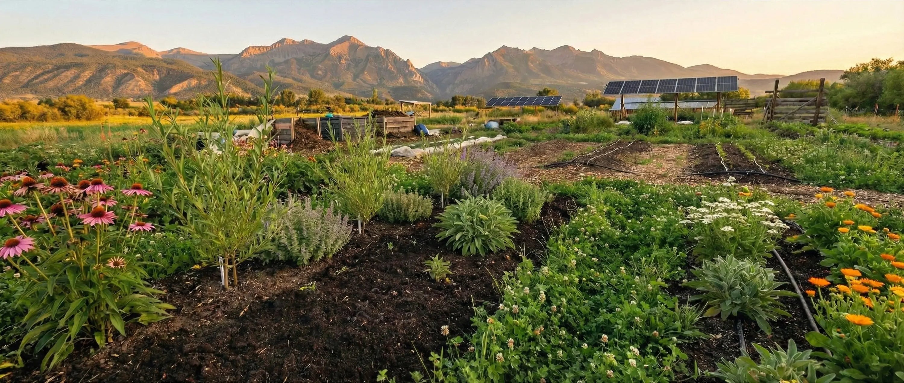 Regenerative medicinal herb farm in Colorado mountains showing polyculture planting, rich soil biodiversity, and sustainable farming practices that preserve heritage botanical genetics