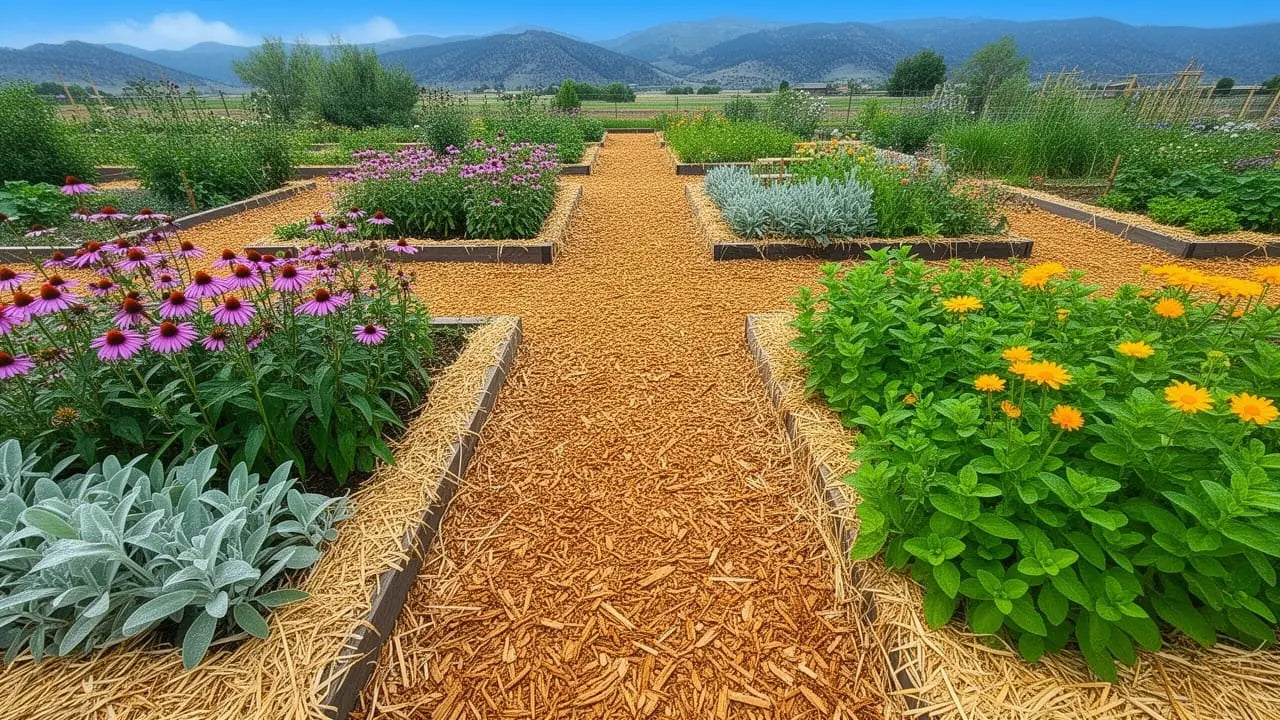 Overhead view of Terra Sancta regenerative herb garden with wood chip pathways separating mulched beds growing echinacea, sage, calendula and lemon balm with no visible weeds