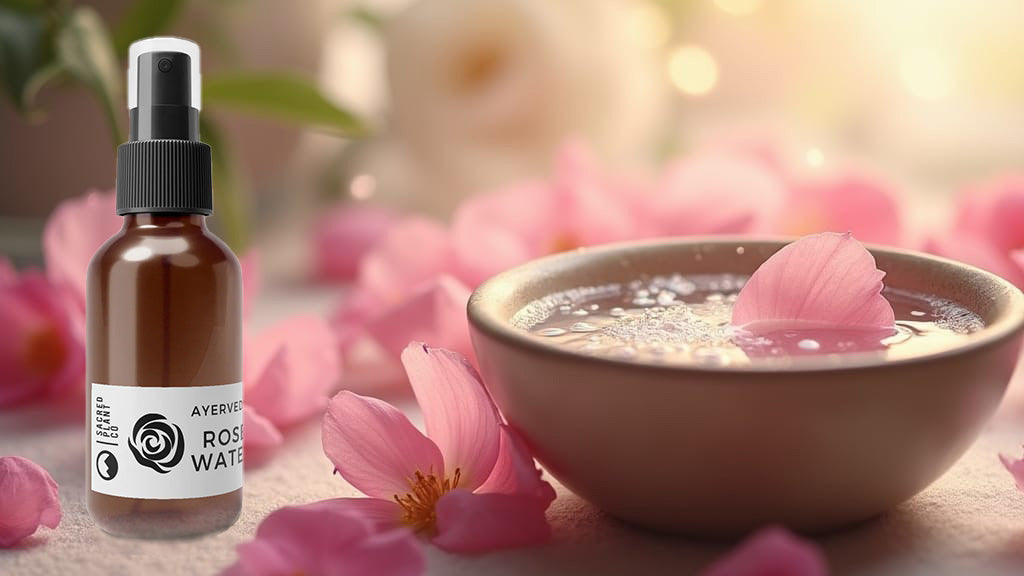 A bottle of Sacred Plant Co’s Ayurvedic Rose Water Spray sits beside a ceramic bowl filled with rose water and floating petals. The setting features scattered fresh pink petals and a warm, dreamy glow, evoking a luxurious botanical skincare experience.