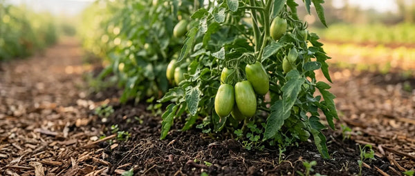 A detailed close-up of a thriving tomato plant heavy with clusters of unripe green plum-shaped tomatoes, growing in rich, mulched farm soil. Neat rows of similar plants extend into a large, sun-drenched agricultural field under golden light.