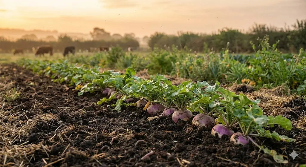 Sunrise image of purple top turnips waiting to be harvested.