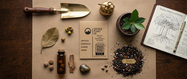 Sacred Plant Co Ficus benghalensis seed packet, living soil mix, and a young banyan seedling arranged for a regenerative growing guide.