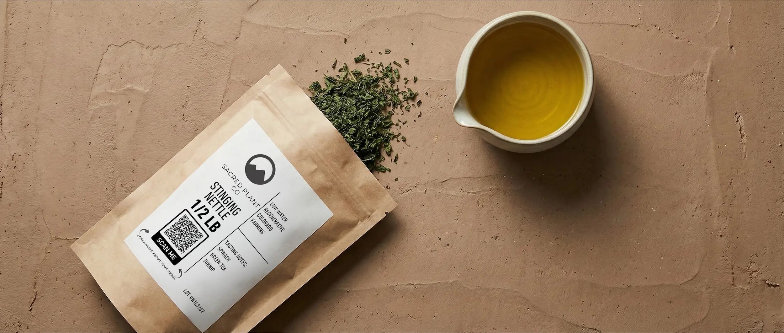 Sacred Plant Co bulk dried stinging nettle leaf packaging displayed next to a golden herbal infusion, representing high-potency wildcrafted ingredients.