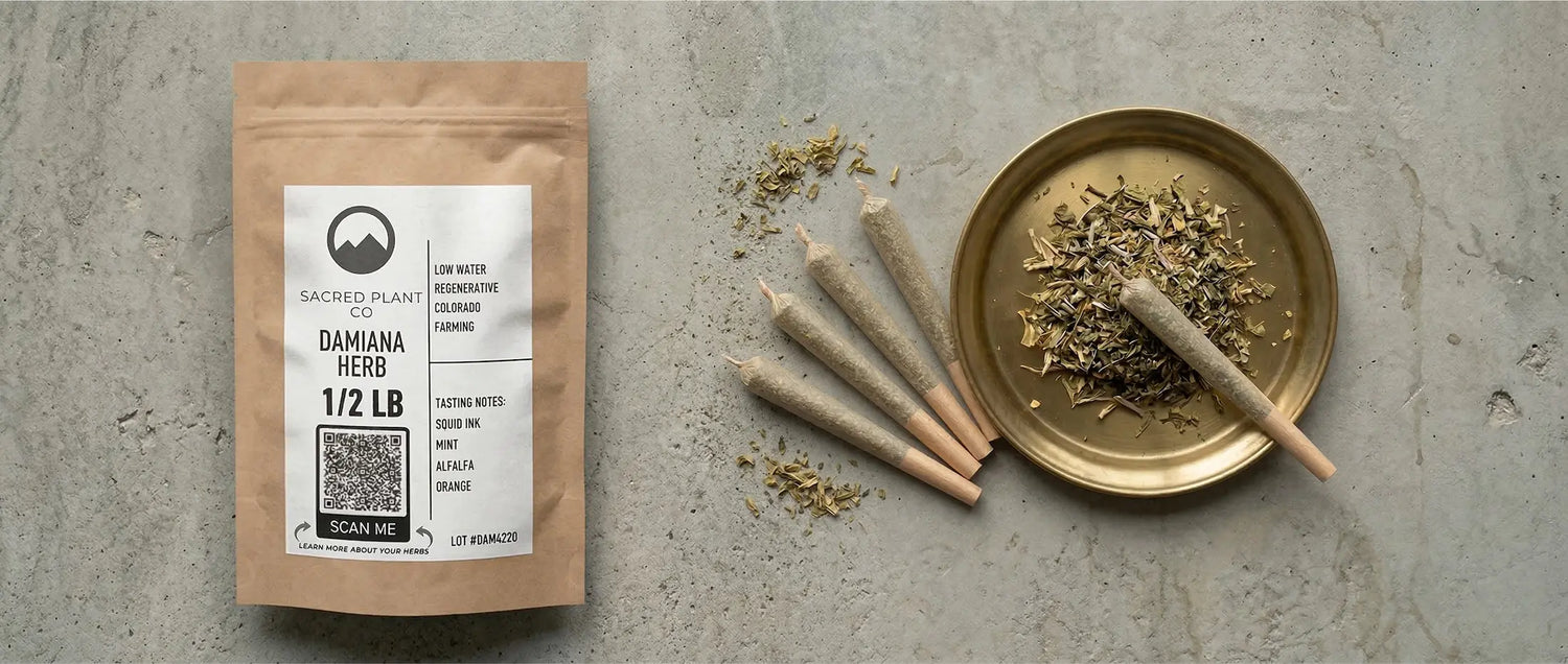 Regeneratively farmed half-pound damiana herb by Sacred Plant Co, displayed with loose smokable botanicals and hand-rolled herbal blends.