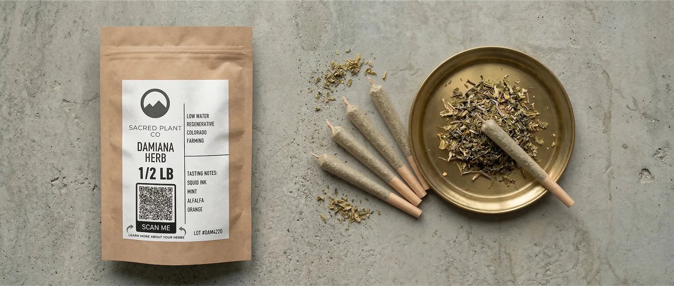 Regeneratively farmed half-pound damiana herb by Sacred Plant Co, displayed with loose smokable botanicals and hand-rolled herbal blends.