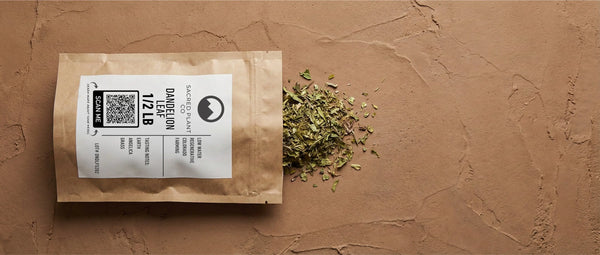 Packaging for regeneratively farmed Taraxacum officinale leaf showing lot details and cut-and-sifted herb texture.