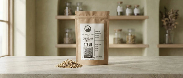 Sacred Plant Co 1/2 lb Dandelion Root in a kraft pouch, displaying regenerative Colorado farming details. A small pile of cut and sifted dried dandelion root rests in the foreground on a stone counter.
