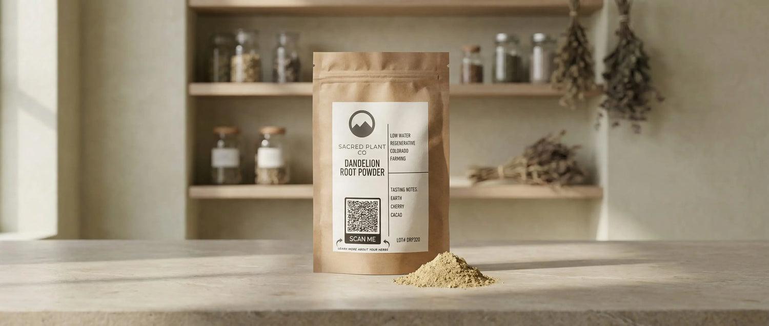 Sacred Plant Co dandelion root powder in kraft bag with ground root displayed in a modern apothecary