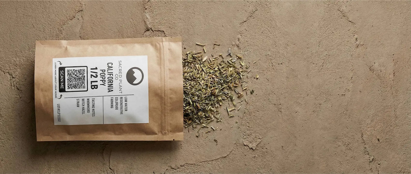 Close-up of regeneratively grown, dried Eschscholzia californica aerial parts, showing green stems and yellow flower fragments.