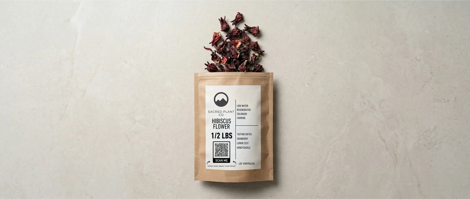 Top-down layflat view of a Sacred Plant Co half-pound kraft paper bag of dried hibiscus flowers, featuring a branded product label, resting on a light textured stone surface with loose red hibiscus calyxes placed near the top opening.