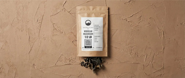 Packaging for regenerative wood ear mushrooms showing QR code and tasting notes of forest, earth, and sawdust.
