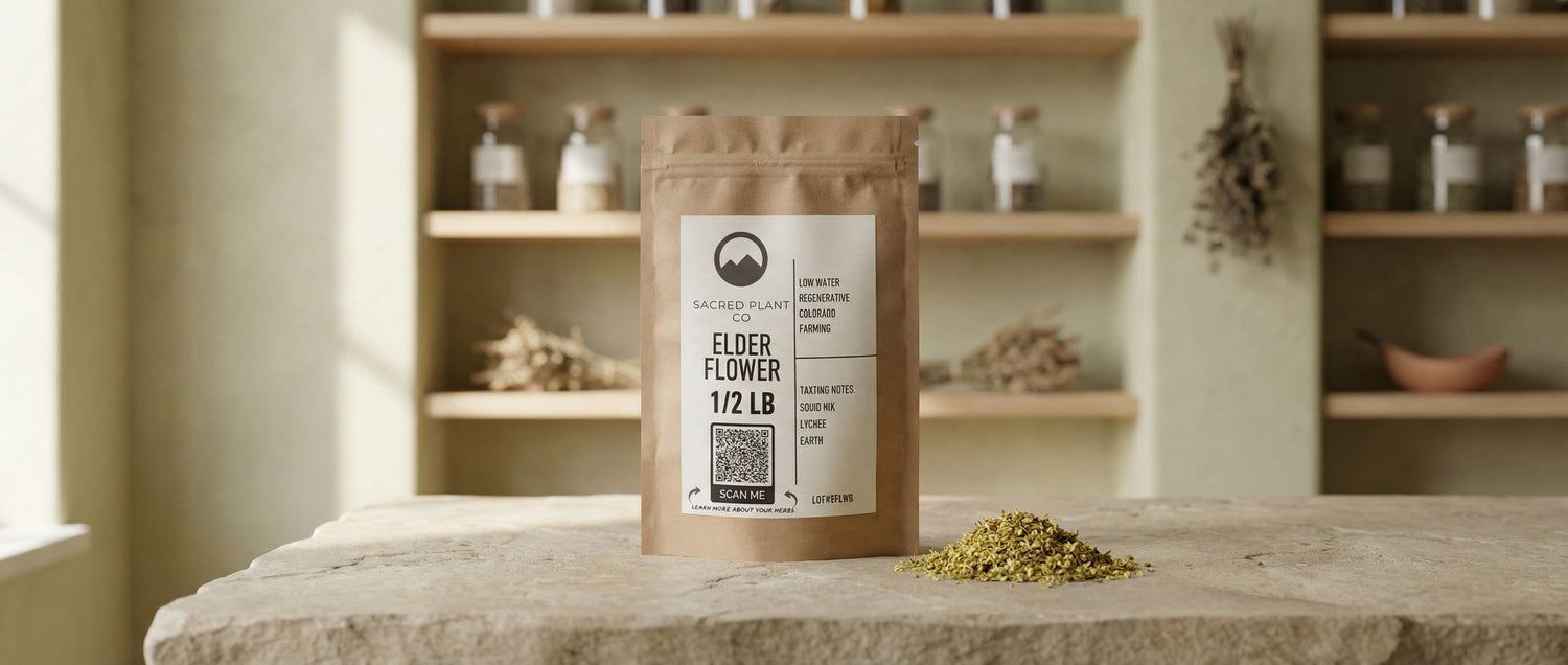 Sacred Plant Co elderflower (Sambucus nigra) 1/2 lb kraft bag on a stone counter in a minimalist apothecary setting