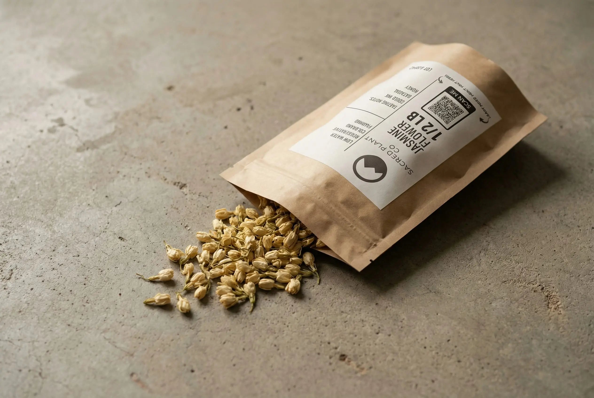 Sacred Plant Co jasmine flower dried whole blossoms spilling naturally from kraft apothecary bag onto raw concrete surface