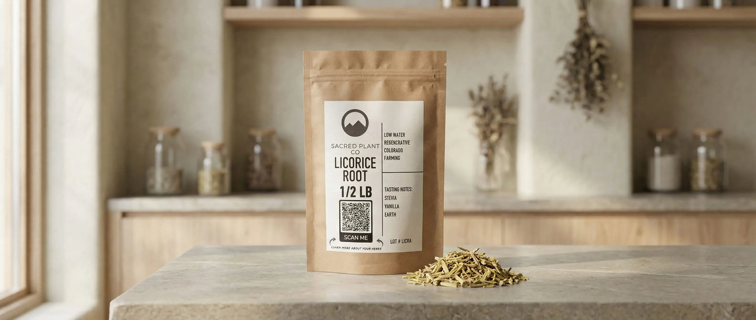 A 1/2 lb kraft pouch of Sacred Plant Co dried licorice root, regeneratively farmed in Colorado, sitting on a natural stone countertop next to a pile of loose, cut root pieces in a bright apothecary setting.