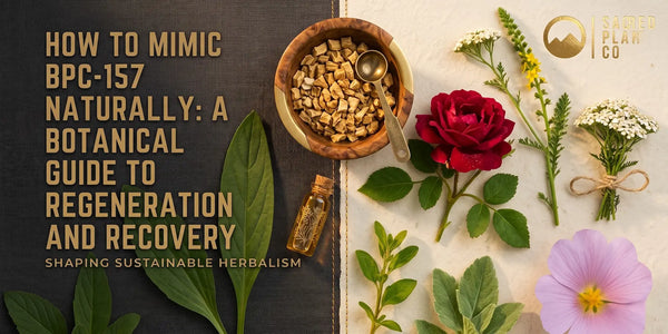 A botanical guide to mimicking BPC-157 naturally, featuring medicinal herbs like marshmallow root, yarrow, and rose for tissue recovery.