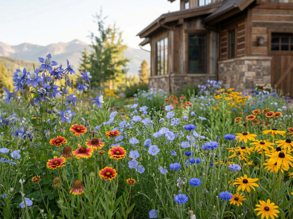 Sacred Plant Co mountain wildflower seed mix in full bloom, showcasing blue columbines, blanketflower, and flax near a rustic cabin.