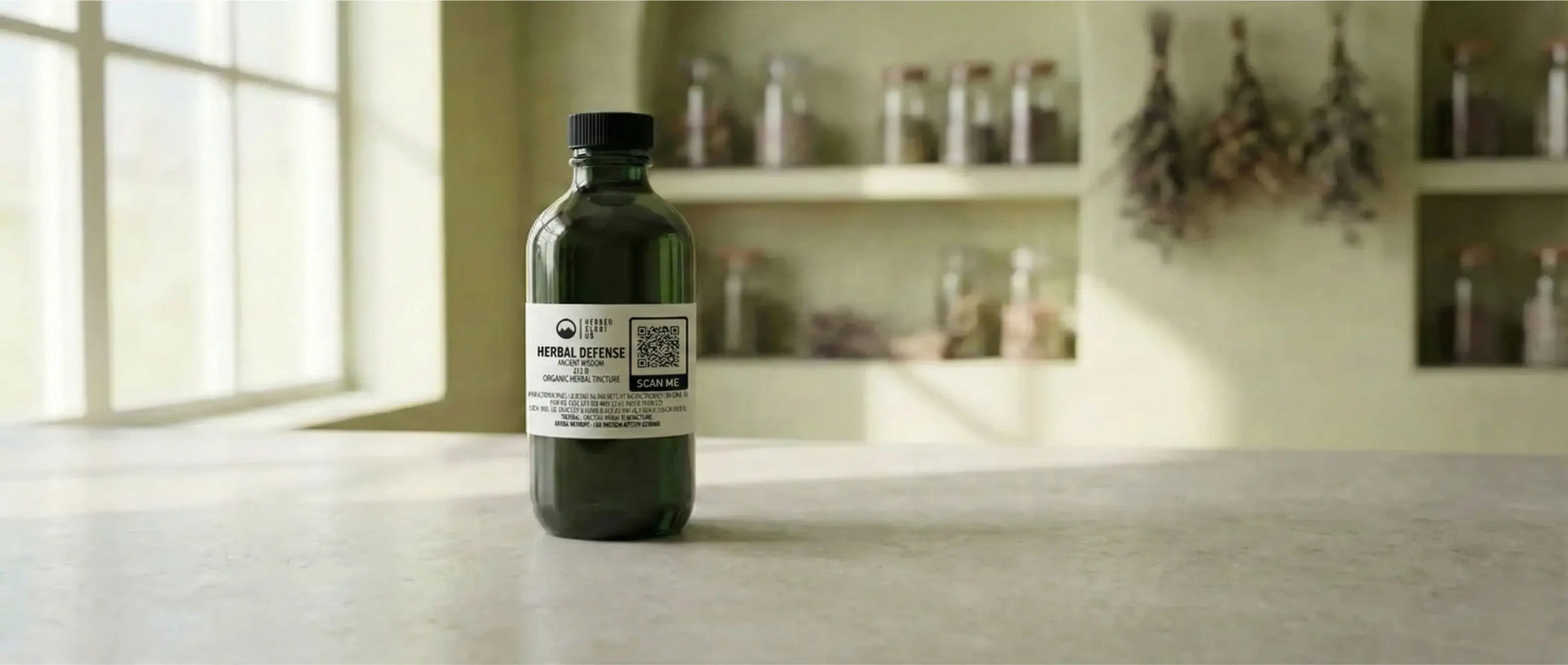 Bottle of Sacred Plant Co Oriental Herbal Nutrient sitting on a stone counter in a sunlit apothecary, featuring a clean label and dark glass to preserve the fermented herbal extract.