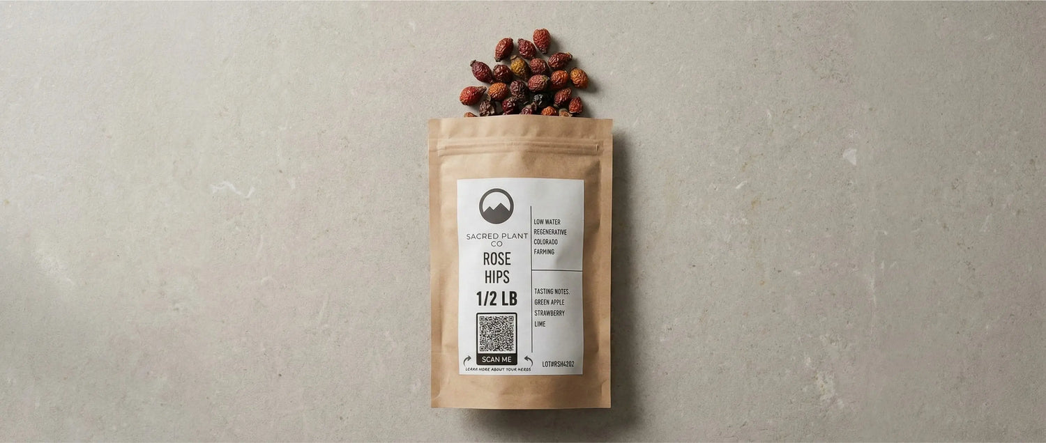 Sacred Plant Co premium dried whole rose hips spilling from 1/2 lb regenerative farming packaging, highlighting the deep color of potent Rosa canina fruit used for natural wellness.