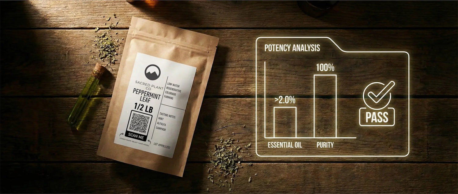 Sacred Plant Co Peppermint Leaf pouch and oil vial next to a glowing potency analysis graphic showing a 100% Purity Pass.