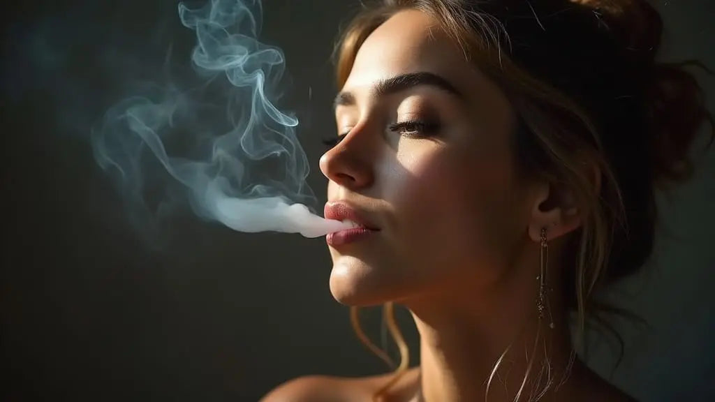 Woman exhaling herbal smoke in natural sunlight — exploring safe smokable herbs and harm reduction strategies