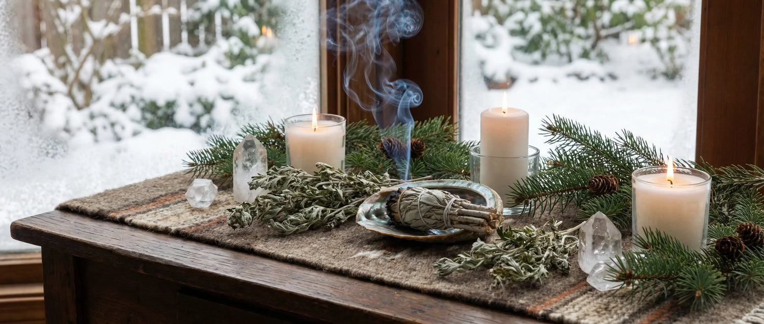 Winter solstice altar with burning white sage bundle and dried mugwort, candles, and crystals for sacred smoke cleansing ceremony