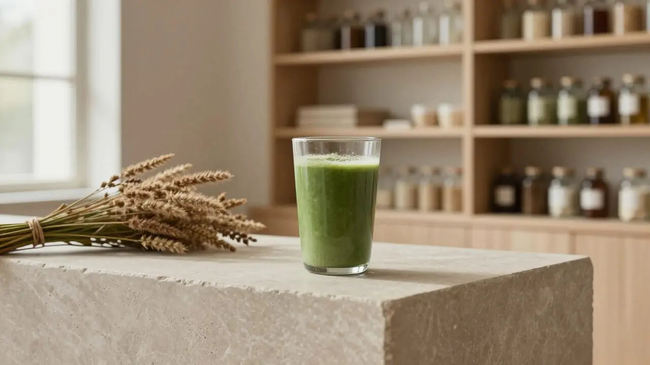 Wildcrafted green superfood smoothie featuring nettle, moringa, alfalfa, and dandelion root in an apothecary setting