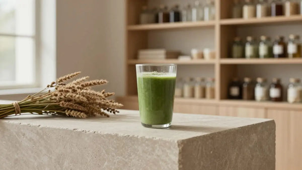 Wildcrafted green superfood smoothie featuring nettle, moringa, alfalfa, and dandelion root in an apothecary setting