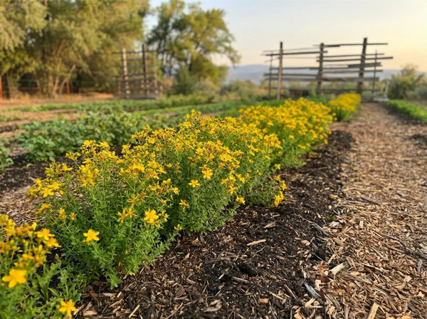 Vibrant yellow St. John's Wort (Hypericum perforatum) plants in full summer bloom, thriving in a regeneratively managed farm row with rich, dark soil.