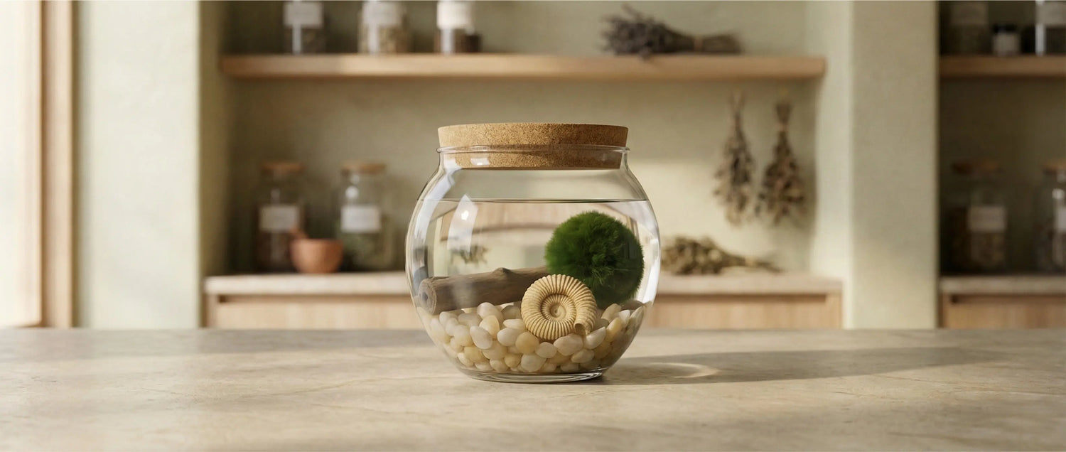 A styled Marimo moss ball jar displayed in a modern home, showcasing how the aquatic ecosystem fits into a calm, regenerative lifestyle.