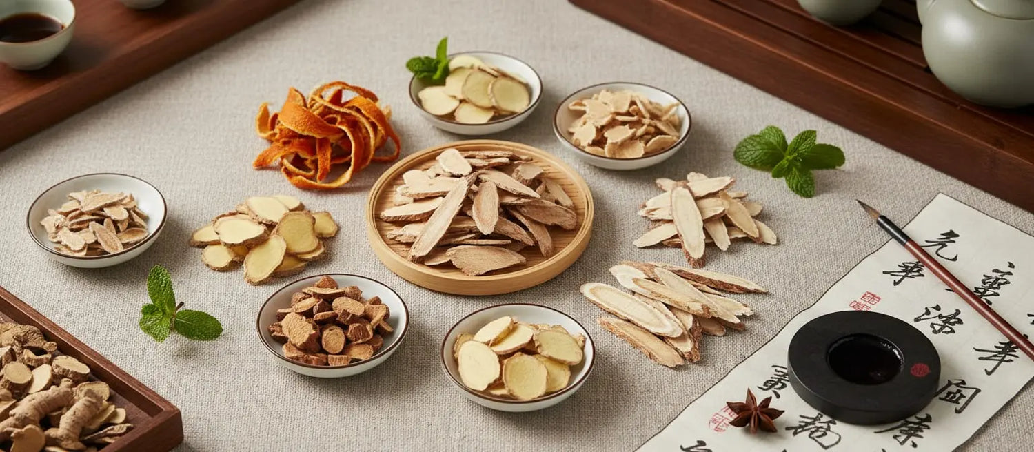 Traditional Chinese Medicine herbs, ginger slices, licorice root, and dried citrus peel arranged with calligraphy tools, representing TCM concepts of phlegm and balance.