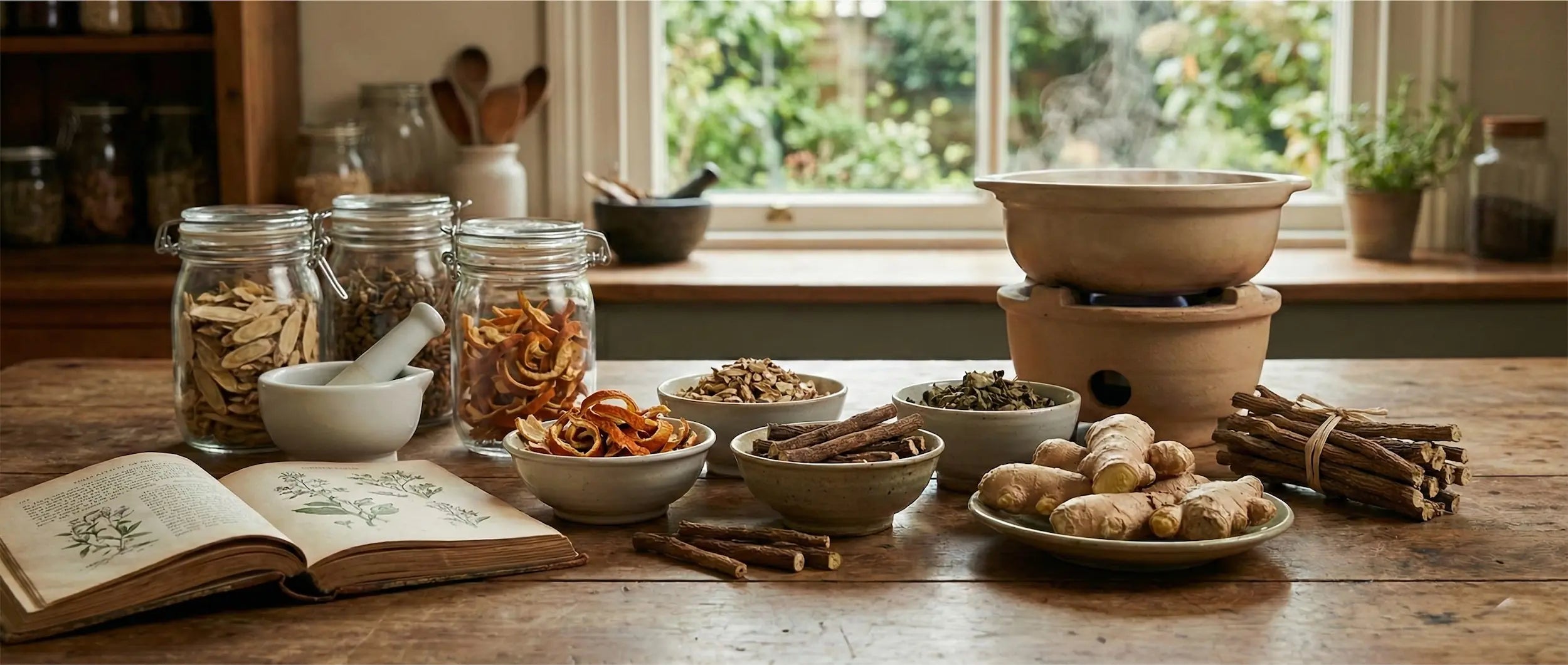 Rustic apothecary table featuring dried TCM herbs, an open botanical book, and a clay pot simmering a decoction for dampness clearing.