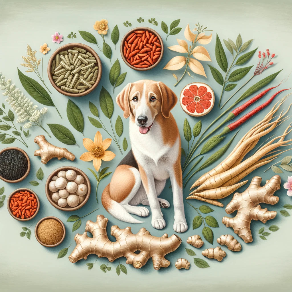 Artistic representation of TCVM with a pet alongside herbs like Astragalus, Ginseng, Licorice Root, Ginger, and Goji Berries in a tranquil natural setting, symbolizing holistic pet healthcare.