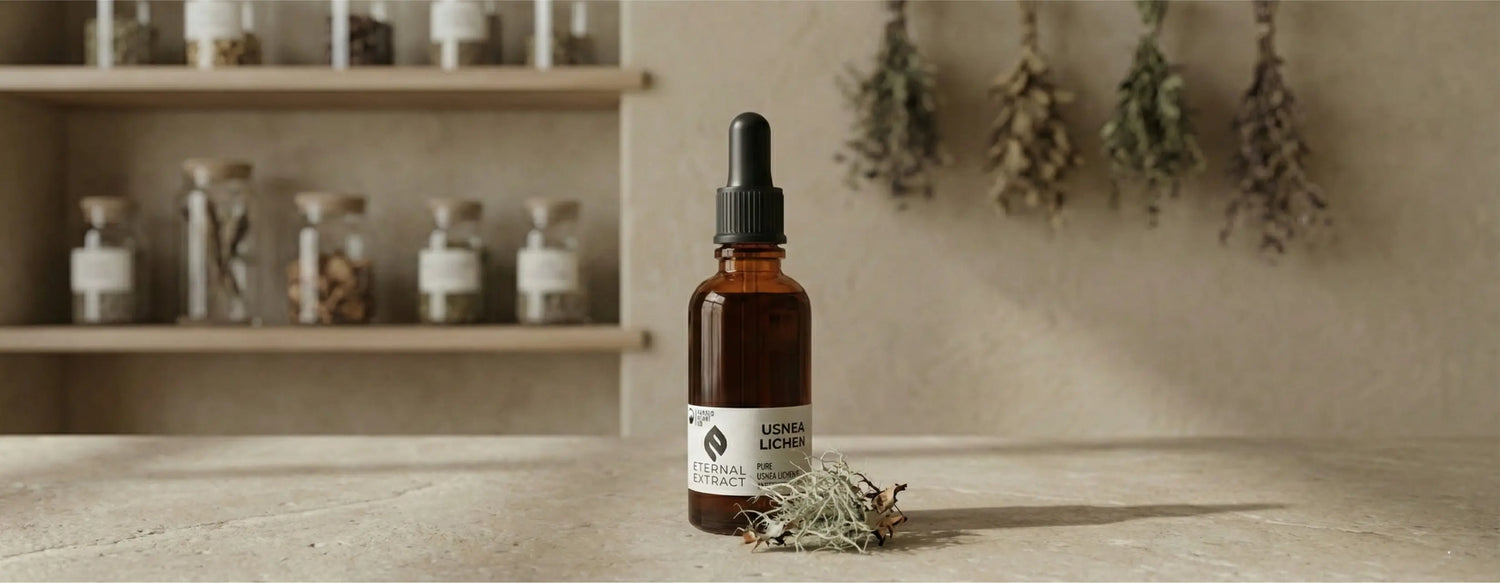 Sacred Plant Co Usnea Lichen tincture bottle displayed in a natural apothecary setting with dried herbs, symbolizing respiratory and immune support.