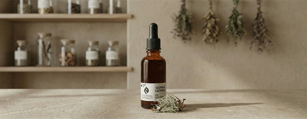Sacred Plant Co Usnea Lichen tincture bottle displayed in a natural apothecary setting with dried herbs, symbolizing respiratory and immune support.
