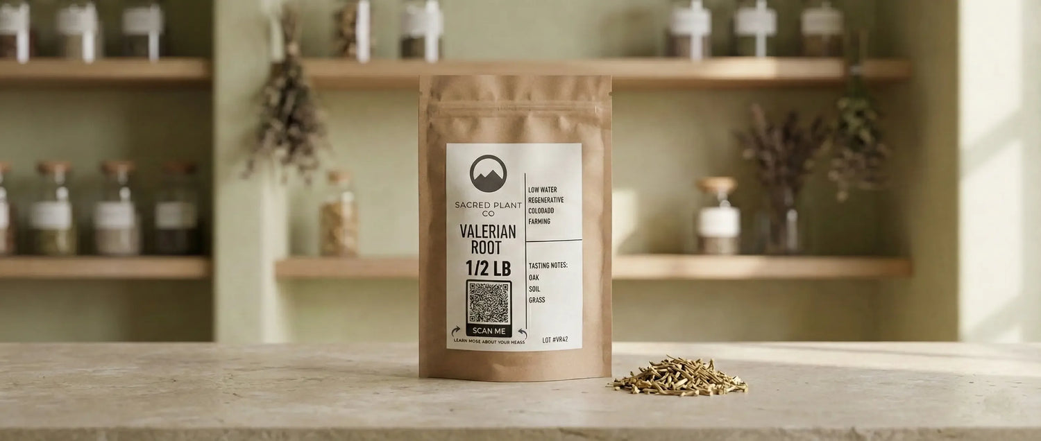 Sustainable packaging for Valeriana officinalis showing regenerative farming labels and tasting notes of oak, soil, and grass.