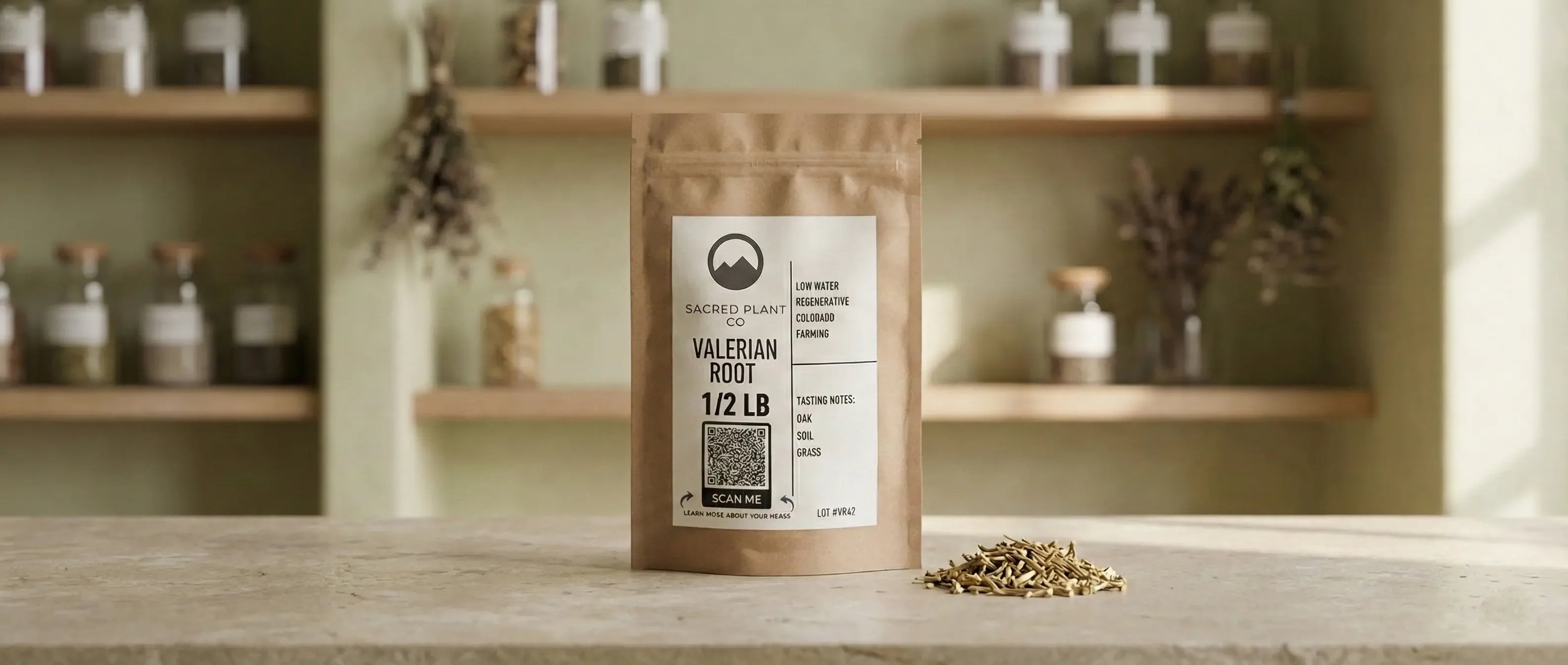Sustainable packaging for Valeriana officinalis showing regenerative farming labels and tasting notes of oak, soil, and grass.