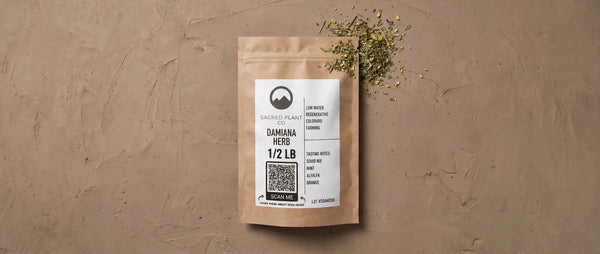 Premium dried loose-leaf Damiana (Turnera diffusa) botanical herb from Sacred Plant Co, displaying optimal green color retention and signature serrated leaves for high-potency tea infusions.
