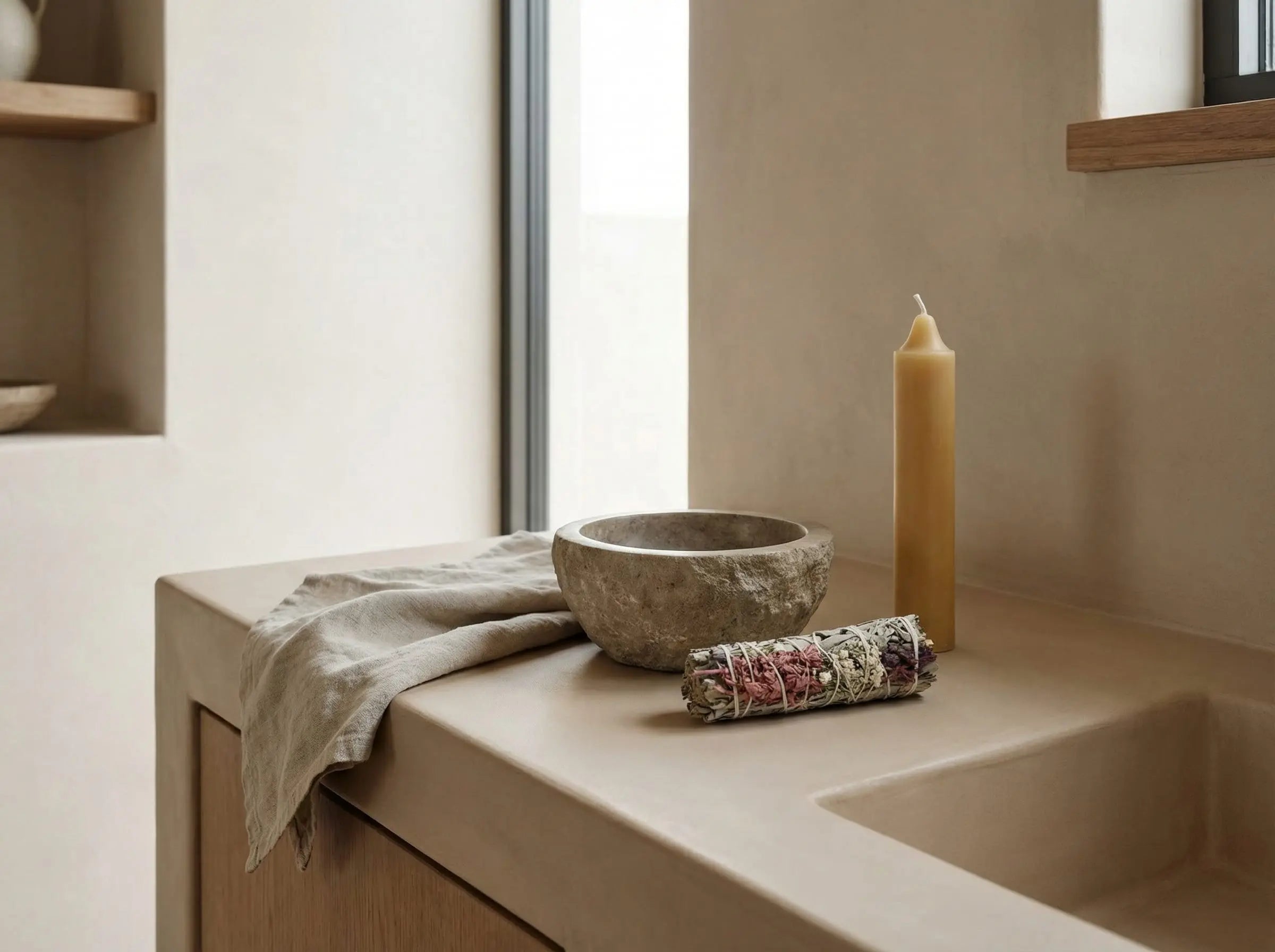 A ceremonial floral white sage smudge stick prepared for a space-clearing ritual, resting on an earth-toned counter alongside a natural stone catch bowl and a beeswax candle.