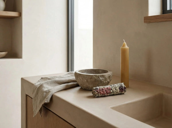 A minimalist Mabon altar setting featuring a floral white sage bundle, a rustic stone bowl, and a beeswax taper candle bathed in natural light, representing autumn equinox cleansing and gratitude rituals.